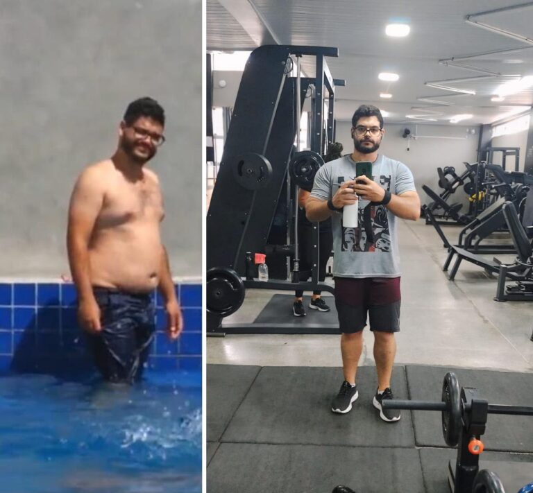 Edcarlos Brandão, personal trainer: foto na piscina e foto na academia