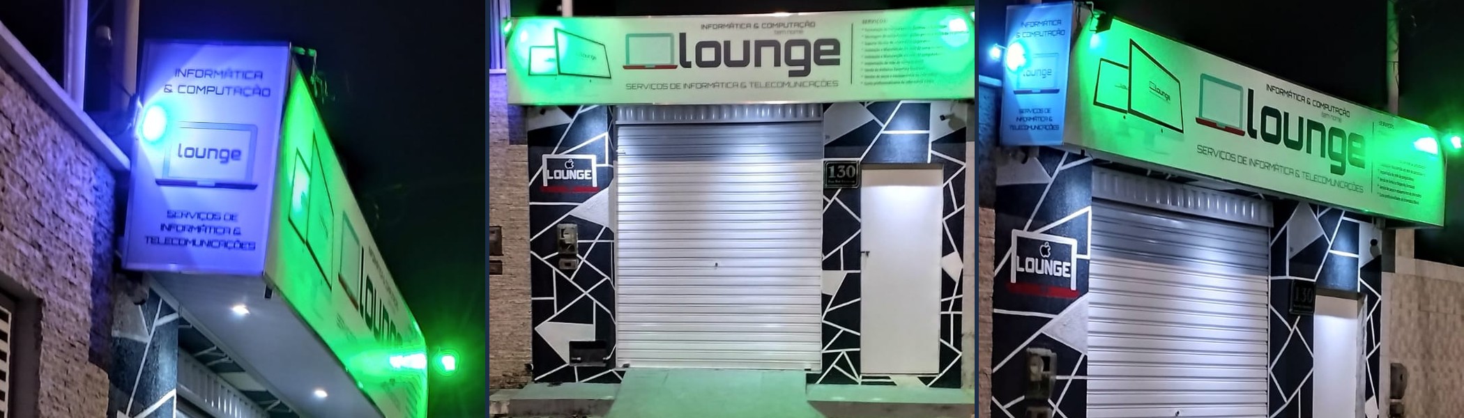 Fachada da Lounge Serviços de Informática, na Rua Ruy Barbosa, 130, em Morro do Chapéu, vista de três ângulos à noite