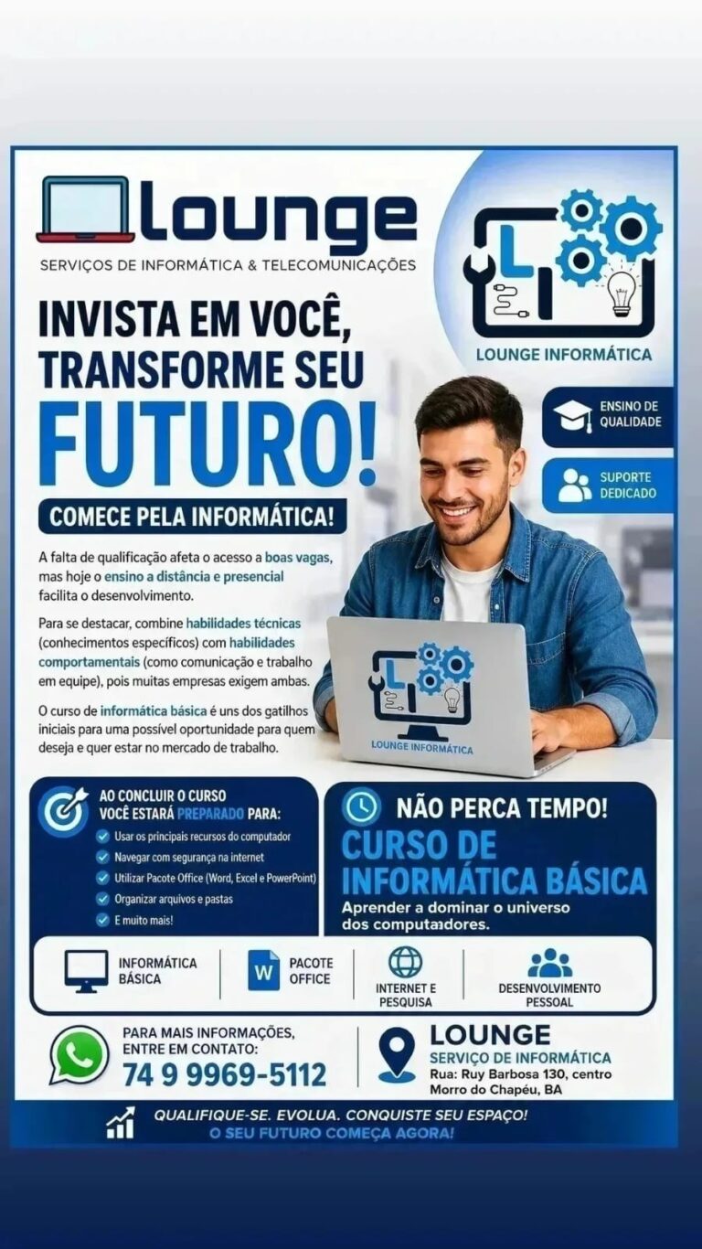 Cartaz do curso de informática básica da Lounge em Morro do Chapéu, com pacote Office, internet e organização de arquivos