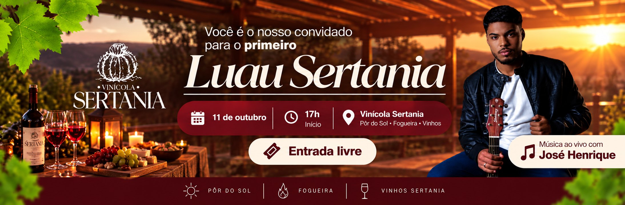 Banner do primeiro Luau Sertania, 11 de outubro de 2026, às 17h, na Vinícola Sertania, com música ao vivo de José Henrique