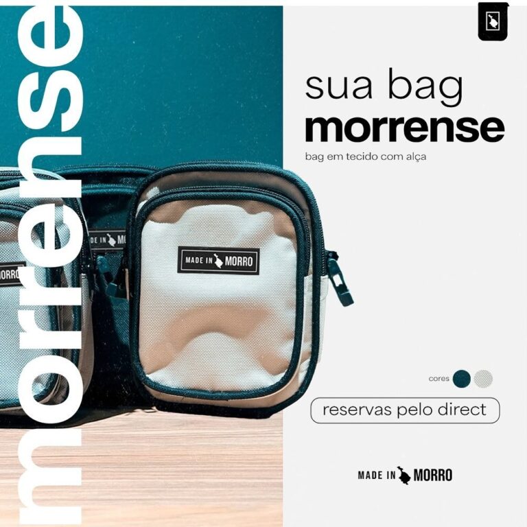 Bag Morrense de tecido com alça, da Made in Morro, em arte de divulgação com reservas pelo direct