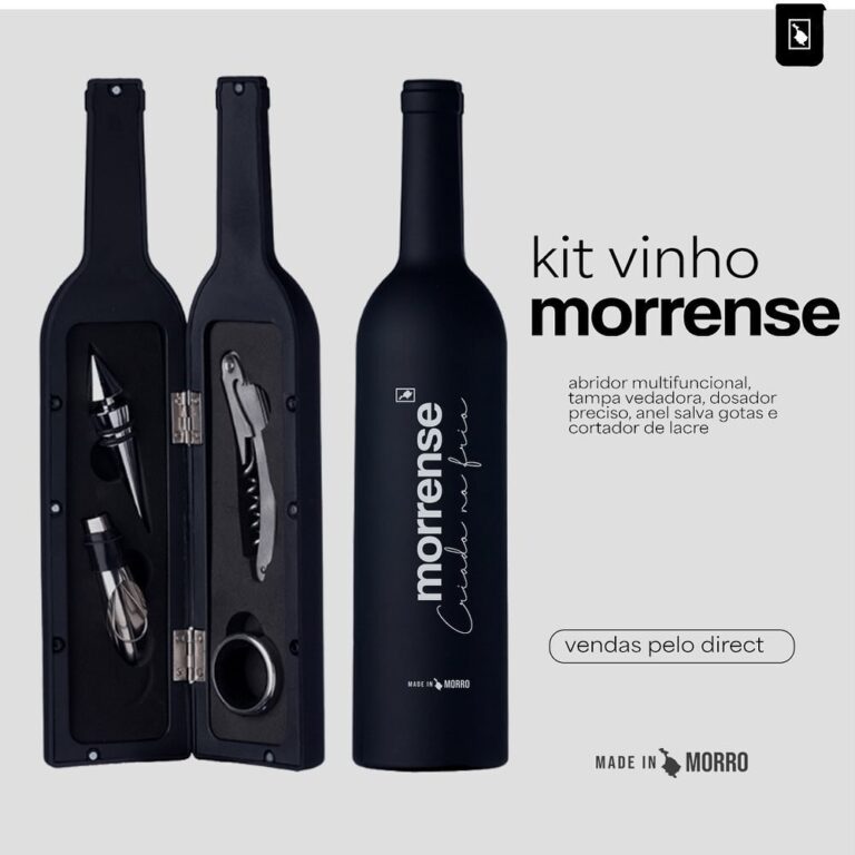 Kit vinho Morrense da Made in Morro: caixa preta em formato de garrafa com abridor, dosador e cortador de lacre