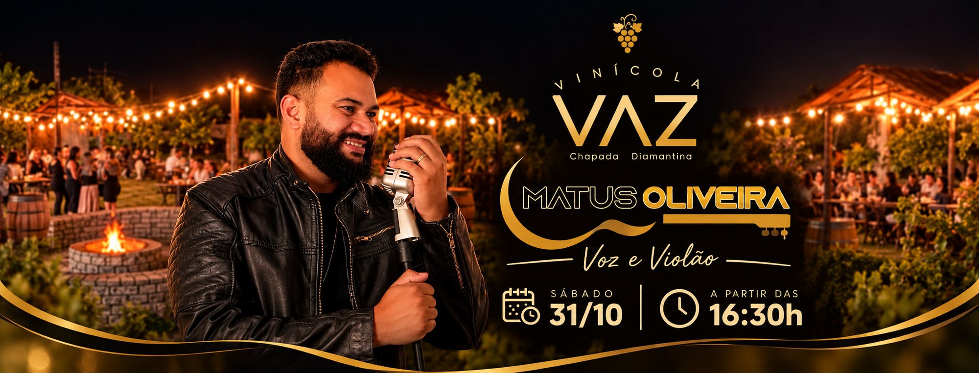 Banner da noite de música com Matus Oliveira, voz e violão, na Vinícola Vaz, sábado 31/10 a partir das 16h30
