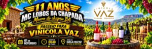 Banner do passeio à Vinícola Vaz nos 11 anos do MC Lobos da Chapada, em 1º de novembro, com saída às 8h40