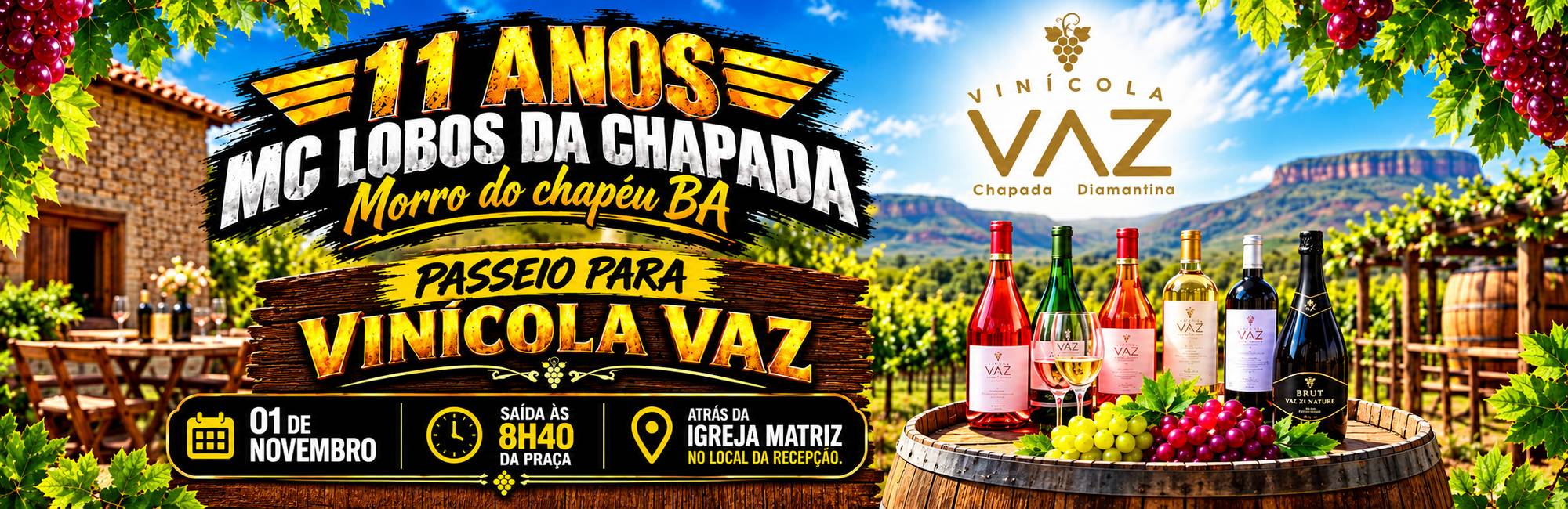 Banner do passeio à Vinícola Vaz nos 11 anos do MC Lobos da Chapada, em 1º de novembro, com saída às 8h40