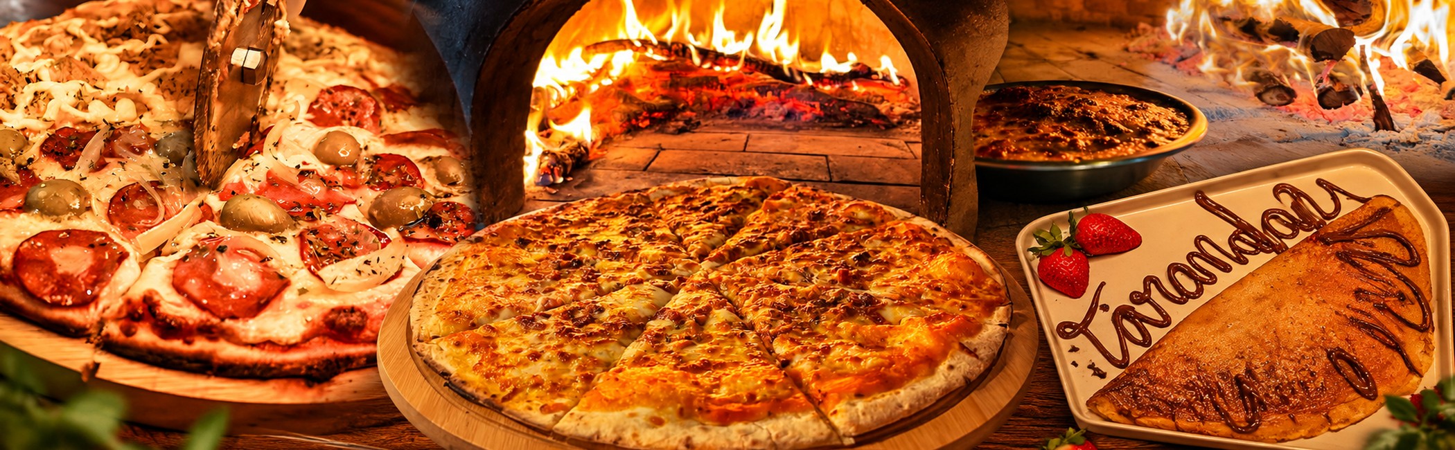 Pizzas assadas em forno a lenha e um doce decorado com morangos