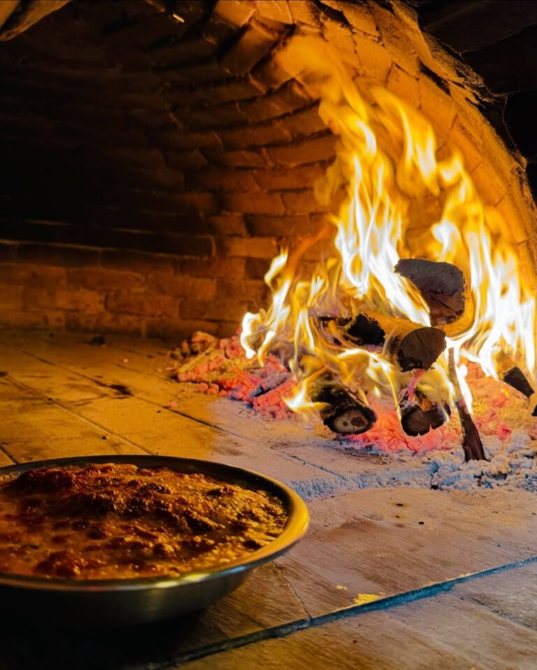 Forno de lenha aceso com uma pizza assando sobre a pedra